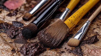 Close-up of various paintbrushes resting on a textured surface with paint splatters, showcasing artistic tools