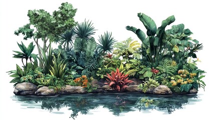 Lush tropical island paradise. Vibrant green foliage reflected in calm water.