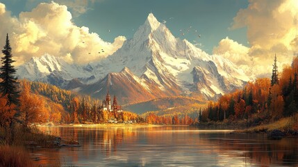 Autumn Mountain Lake Castle View