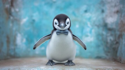 Fototapeta premium Adorable Baby Penguin with Bow Tie Posing Against Aqua Background
