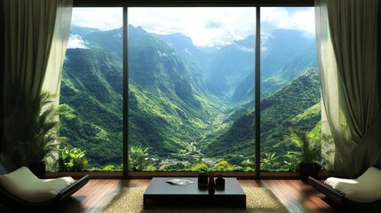 Mountain view from luxury room's panoramic window, showcasing valley, relaxation, interior design