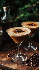 Delicious cocktails with coffee and chocolate served in elegant glasses at a cozy setting
