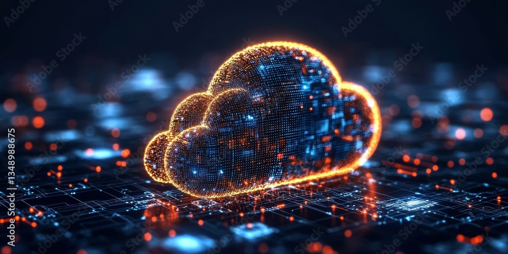 Poster futuristic cloud computing and data storage orange glowing cloud over a circuit board
