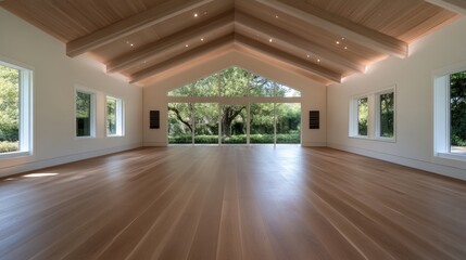 Obraz premium Spacious modern interior with wooden beams and large windows