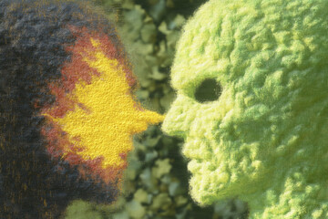 Two abstract figures face each other, one with fiery colors and other in green, set against blurred background. scene conveys sense of conflict and contrast