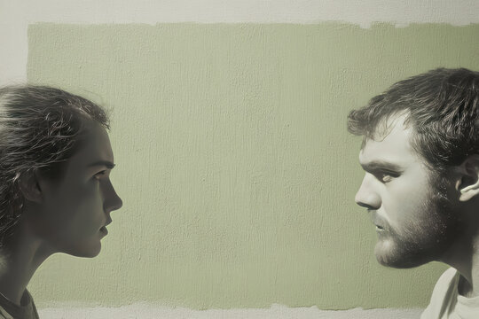 Two people facing each other with serious expressions against green background, suggesting tense or confrontational moment. image captures sense of conflict or disagreement