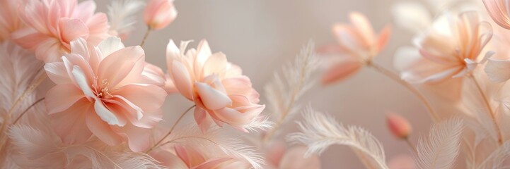 Fototapeta premium Delicate pink blooms emerge gracefully from a soft background, evoking feelings of tranquility and beauty. The subtle colors and textures blend harmoniously, enhancing relaxation