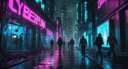 Dusk falls over a bustling cyberpunk city as figures walk along reflective streets illuminated by neon signs. The atmosphere blends technology and urban life in striking harmony