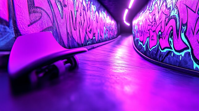 A skateboard and graffiti inside of a curved illuminated tunnel - Powered by Adobe