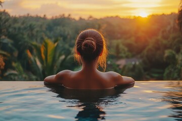 Relaxation amidst tropical beauty while enjoying a sunset view from a luxurious pool in Bali