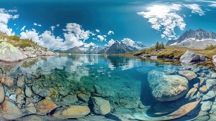 Alpine lake reflection, 360 panorama, mountain view, clear water, summer