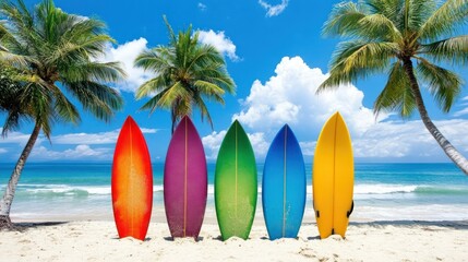 Colorful surfboards on tropical beach, sunny day, palm trees