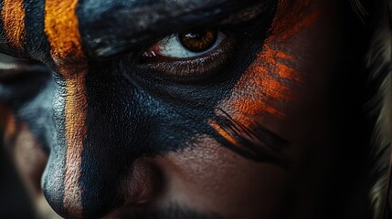 Naklejka premium Intense Gaze: A Close-Up Portrait of a Person with Striking Face Paint