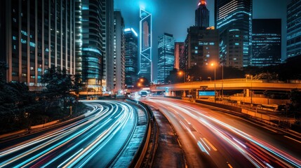 Obraz premium Night city highway traffic light trails, skyscrapers background, urban transport