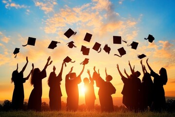Students throw their graduation hats in the air to celebrate graduation, confetti flying in the air