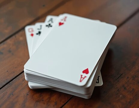 Deck playing cards on wooden table. Blank white card mockup for design, marketing. Business, office, gambling, game. Pile of cards, poker. Close-up of card suits clubs, diamonds, hearts, spades.