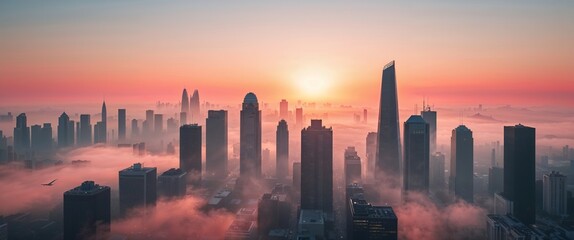 The city skyline awakens as the sun rises, casting a warm glow over towering buildings enveloped in soft fog. A serene and beautiful start to the day, showcasing urban beauty