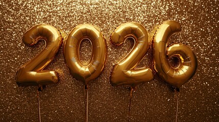 Radiant golden 2026 foil balloons against a shimmering, glittery background