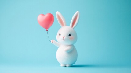Cute White Bunny Holding Pink Heart Balloon Against Blue Background