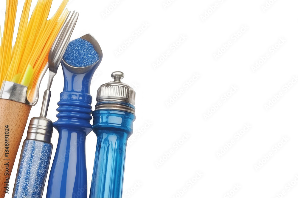 Poster abstract illustration of blue sparkle and glitter decoration objects with yellow and brown handles o