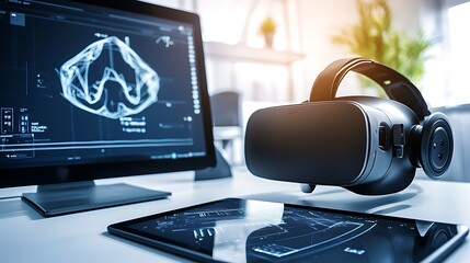 Naklejka premium A computer monitor and a virtual reality headset are on a desk