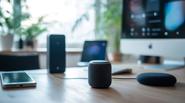A desk with a laptop, a cell phone, a speaker, and a tablet