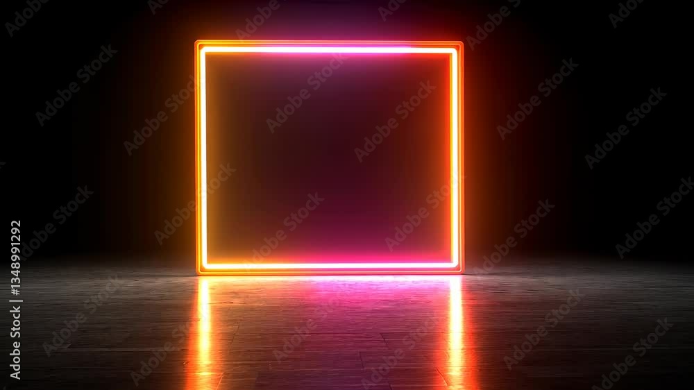 Poster iridescent abstract rectangular frame bordered by pastel orbs resting on reflective surface, present