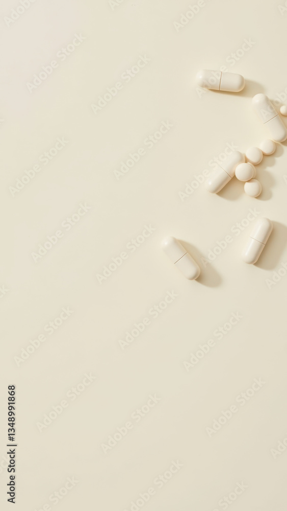 Poster a close-up image of a pile of white magnesium glycinate capsules with blurred background transitioni