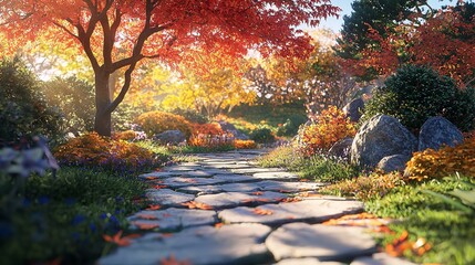 Obraz premium An enchanting autumnal garden path with a Japanese maple tree