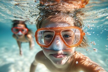 Fototapeta premium Underwater adventure of siblings enjoying a summer holiday at a tropical coral reef