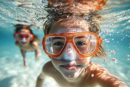 Underwater adventure of siblings enjoying a summer holiday at a tropical coral reef