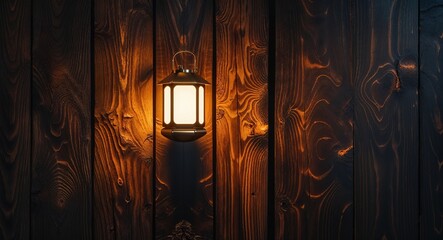 A vintage lantern emits a warm light, suspended from a rustic wooden wall. The contrasting dark grains of wood enhance the inviting ambiance as evening settles in