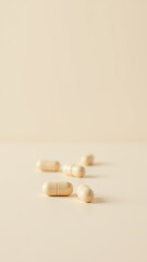 Image displays a collection of white capsules on a surface with a gradient background, signifying magnesium glycinate supplement.