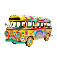 3D cute style on white background isolated png. Colorful Retro Van with Psychedelic Design