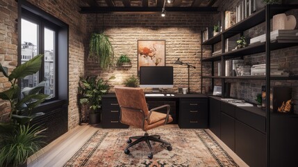 Loft office, urban view, brick wall, plants, desk, work, home,  cozy, interior design,  modern