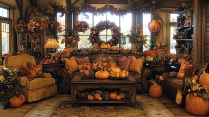 Autumnal living room, fall decor, harvest pumpkins, window display, home interior, Thanksgiving