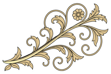 33 Golden ornate floral baroque scroll, intricate gilded filigree, rococo design, metallic gold finish, symmetrical curving patterns, elaborate decorative element, luxury jewelry detail, 3D rendering,