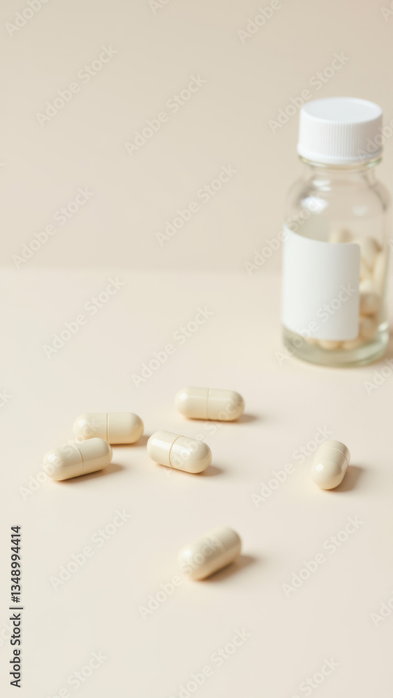 Poster a bottle of magnesium glycinate tablets on a white background with a gray gradient transition.