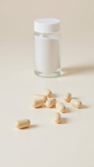 Magnesium Glycinate supplement capsules and empty gelatin bottles on a table.