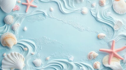 Illustration pastel minimal mockup blank frame for background A serene beach scene with shells and water.