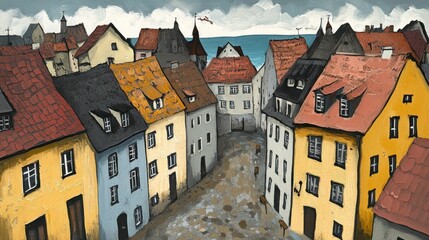Coastal town aerial view, quaint street, overcast sky, sea in background, fairytale illustration