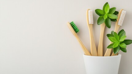 Four bamboo toothbrushes and two succulent plants are arranged in a white pot against a light background, promoting eco-friendly dental care and decor, sustainable living lifestyle.