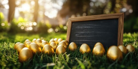 Celebration of Easter with golden eggs scattered on a sunny lawn near a chalkboard in the afternoon