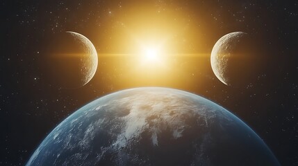 Earth, two moons, and bright sun in space.