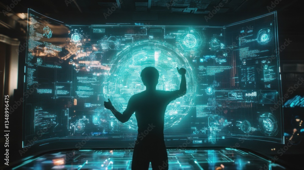 Poster a silhouetted figure interacts with a futuristic holographic interface displaying data.
