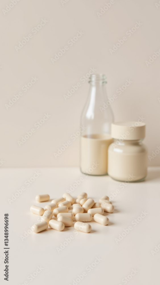 Poster an assortment of magnesium glycinate capsules on a table next to empty bottles and a dispenser.