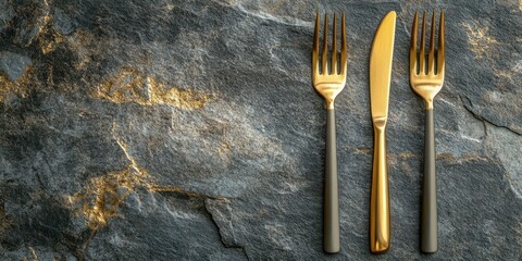 Elegant golden cutlery arranged on a textured dark stone surface for a sophisticated dining experience
