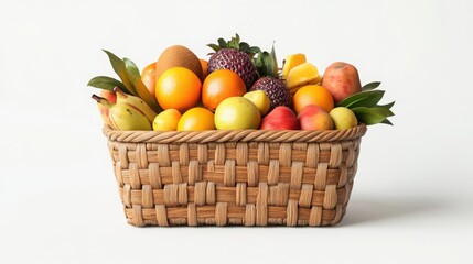 Classic woven picnic basket filled with fresh tropical fruits perfectly placed on a solid white background