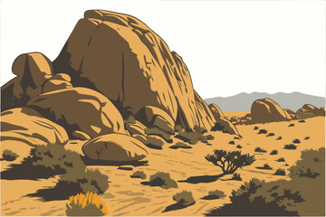 34 Photorealistic desert rocks, large boulders, scattered vegetation, arid landscape, warm sunlight, textured stone surfaces, isolated rock formation, desert scrub brush, weathered geological features © Manik Mia