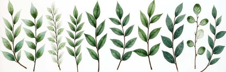 Collection watercolor hand painted branches with leaves. Green, brown colors. Botanical natural illustration, design element for wedding invitations, greeting cards, decor, patterns, fabric prints.